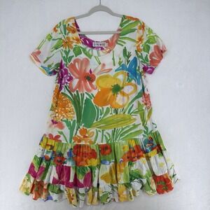 Jams World Multi Floral Hattie Ruffle Dress L Hawaiian Crinkle Rayon Tropical